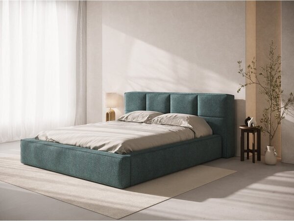 Letto matrimoniale imbottito blu con contenitore e rete inclusi 160x200 cm Simon – Micadoni