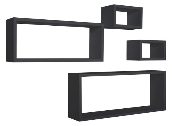 Set 3 Mensole Cubo da Parete Quadrato e Rettangolare in Fibra di Legno Merlino Nero