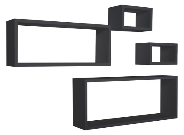Set 3 Mensole Cubo da Parete Quadrato e Rettangolare in Fibra di Legno Merlino Nero