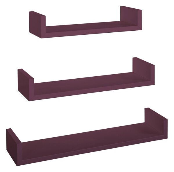 Set 3 Mensole da Parete 60-50-40x15,5x8 cm in Fibra di Legno Calamita Viola Melanzana