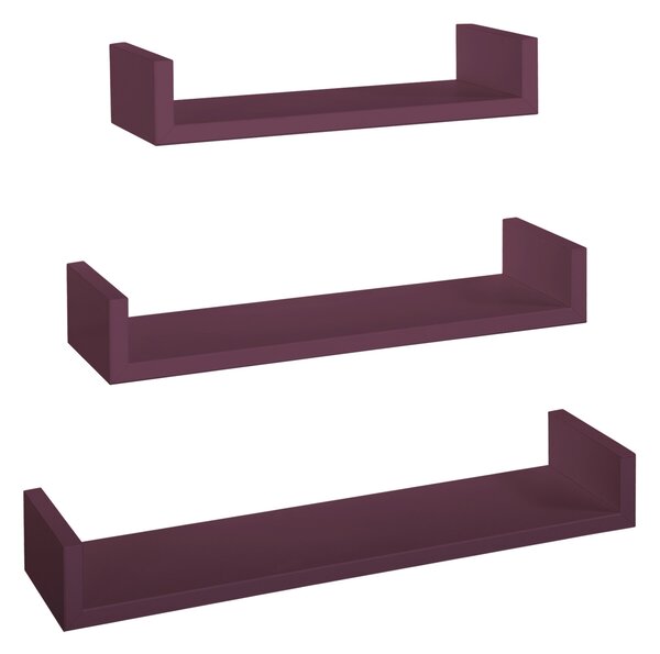 Set 3 Mensole da Parete 60-50-40x15,5x8 cm in Fibra di Legno Calamita Viola Melanzana