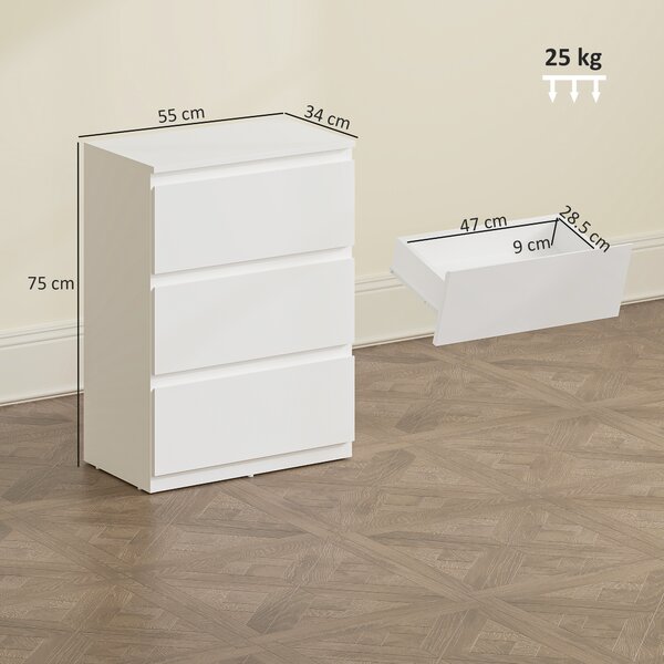 HOMCOM Cassettiera con 3 Cassetti, Mobile Moderno per la Camera da Letto, 55x34x75 cm, Bianco | Aosom Italy