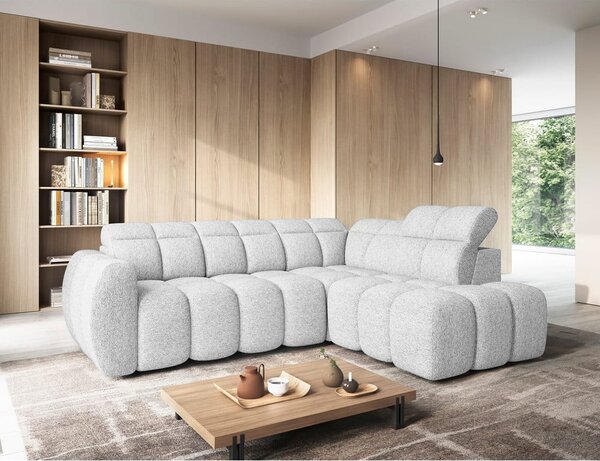 Divano angolare grigio chiaro allungabile/con contenitore (con penisola a destra/a L) e rivestimento in bouclé Falconn – ELTAP