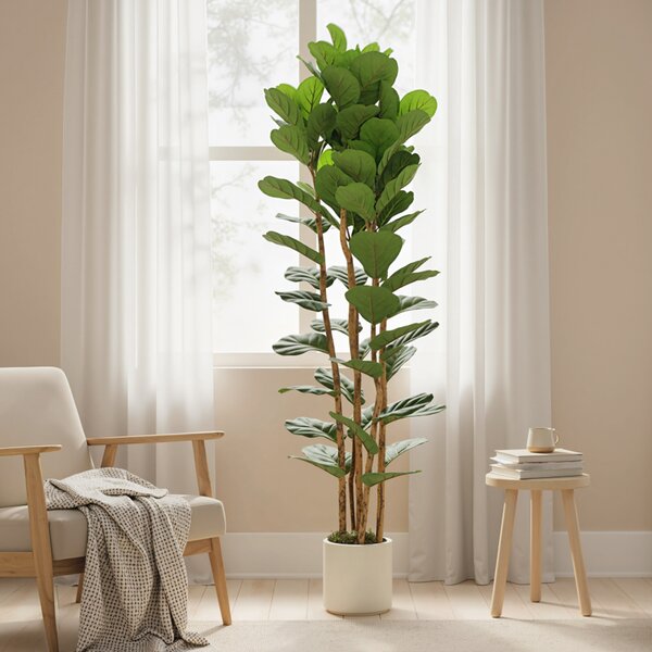 HOMCOM Albero Artificiale di Ficus Lyrata, Pianta Artificiale con 91 Foglie, Tronco in Legno Massiccio, Vaso, 55x55x180 cm, Verde | Aosom Italy