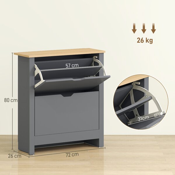 HOMCOM Scarpiera con 2 Scomparti Ribaltabili, Divisorio Regolabile per 8-12 Paia di Scarpe, 72x26x80 cm, Grigio Scuro | Aosom Italy