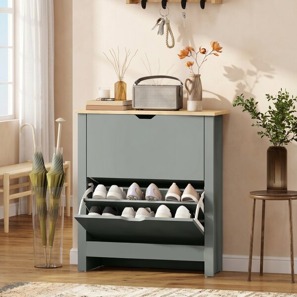 HOMCOM Scarpiera con 2 Scomparti Ribaltabili, Divisorio Regolabile per 8-12 Paia di Scarpe, 72x26x80 cm, Grigio Chiaro | Aosom Italy