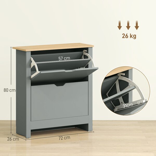 HOMCOM Scarpiera con 2 Scomparti Ribaltabili, Divisorio Regolabile per 8-12 Paia di Scarpe, 72x26x80 cm, Grigio Chiaro | Aosom Italy