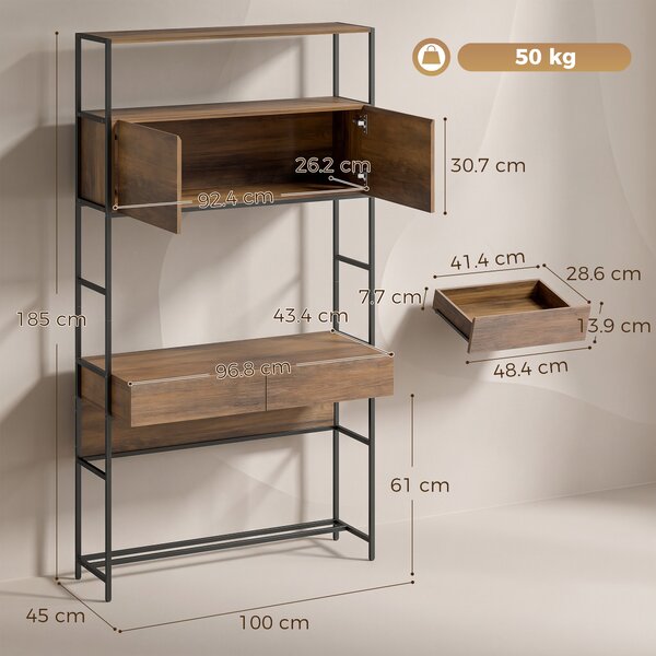 HOMCOM Scrivania per Computer con Scaffali e 2 Cassetti per Casa e Ufficio, 100x45x185 cm, Effetto Legno Marrone | Aosom Italy
