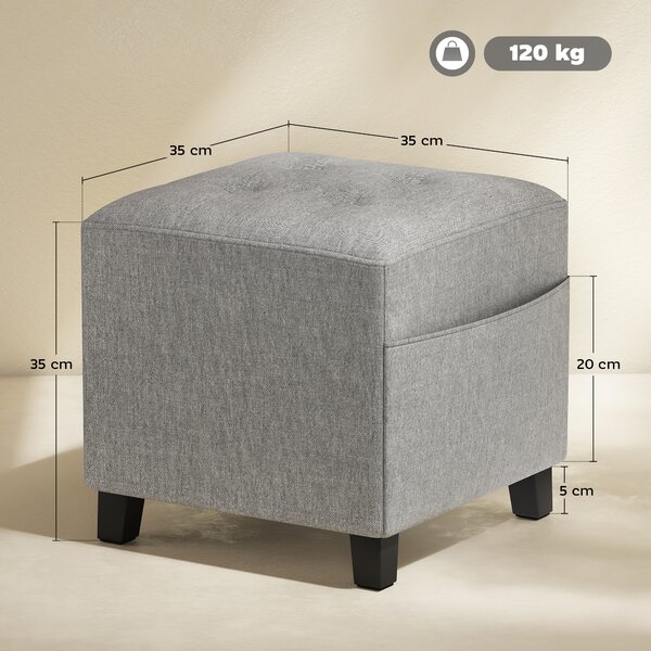 HOMCOM Pouf Quadrato Piccolo con Tasca Laterale, Poggiapiedi in Tessuto Effetto Lino con Gambe in Legno di Gomma, Grigio Chiaro | Aosom Italy