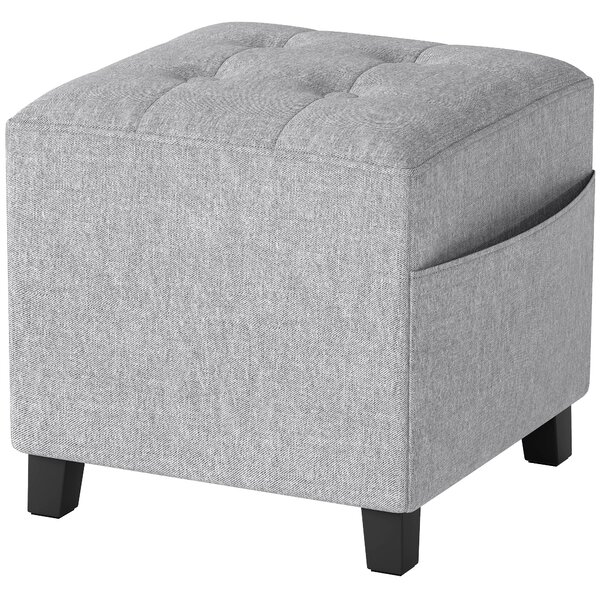 HOMCOM Pouf Quadrato Piccolo con Tasca Laterale, Poggiapiedi in Tessuto Effetto Lino con Gambe in Legno di Gomma, Grigio Chiaro | Aosom Italy