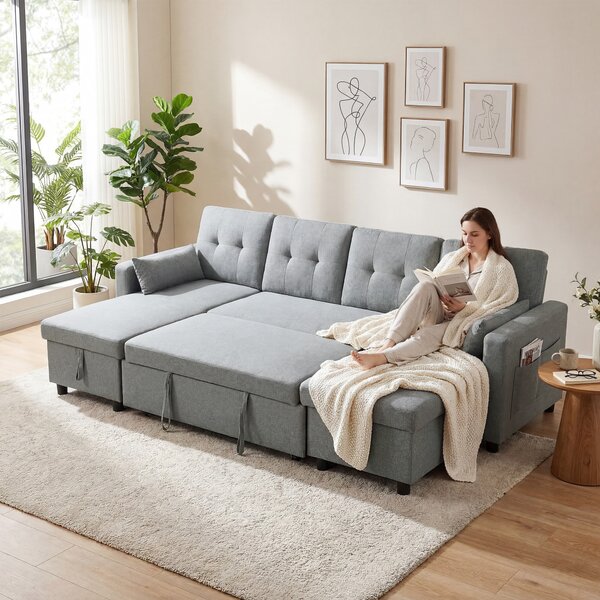 HOMCOM Divano Angolare 4 Posti con Funzione Letto e Contenitore a U, Divano con Chaiselongue, Schienale Regolabile, Effetto Lino | Aosom Italy