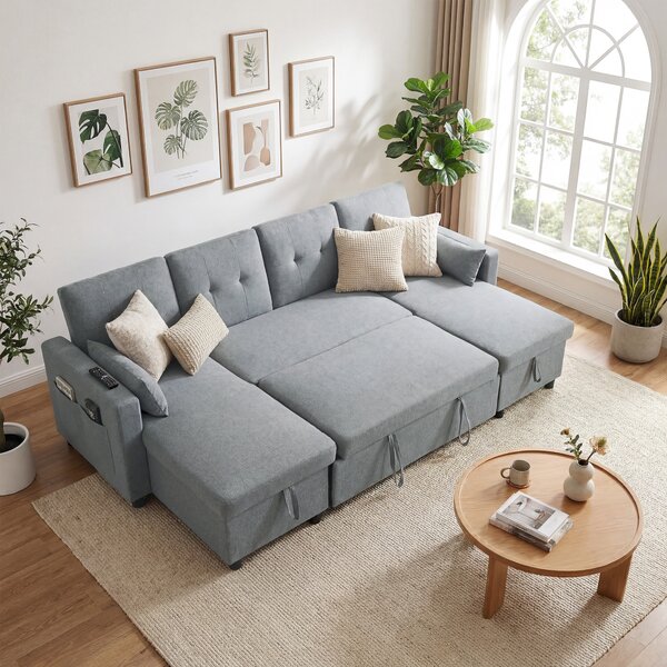 HOMCOM Divano Angolare 4 Posti con Funzione Letto e Contenitore a U, Divano con Chaiselongue, Schienale Regolabile, Effetto Lino | Aosom Italy