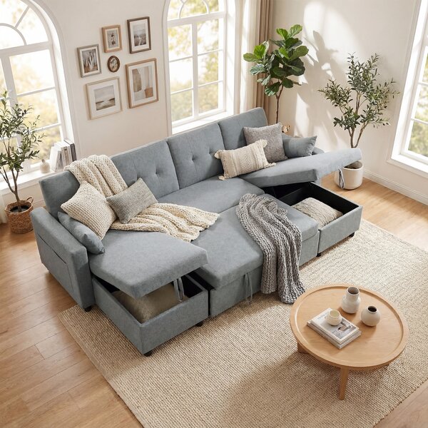 HOMCOM Divano Angolare 4 Posti con Funzione Letto e Contenitore a U, Divano con Chaiselongue, Schienale Regolabile, Effetto Lino | Aosom Italy