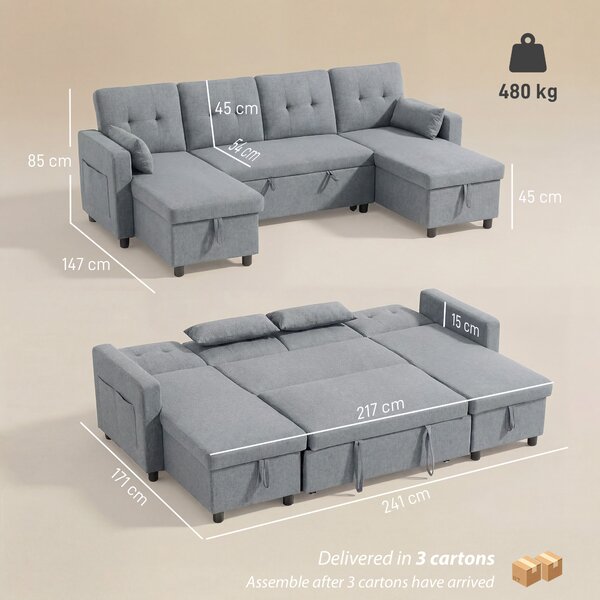 HOMCOM Divano Angolare 4 Posti con Funzione Letto e Contenitore a U, Divano con Chaiselongue, Schienale Regolabile, Effetto Lino | Aosom Italy