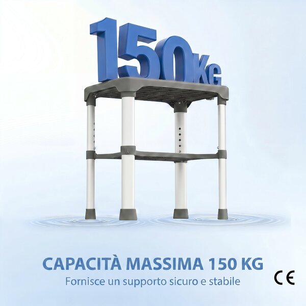 HOMCOM Sgabello per Doccia in Alluminio con Mensola Integrato, Altezza Regolabile 5 Livelli, Portata 150kg, Grigio | Aosom Italy
