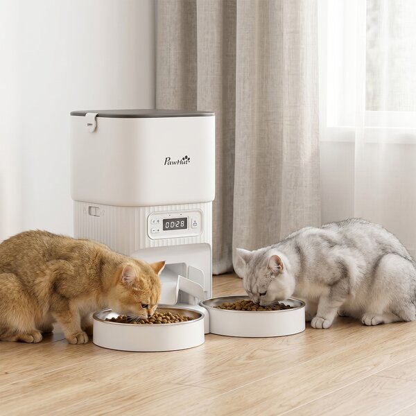 PawHut Mangiatoia Automatica 4L, Distributore Cibo per Gatti/Cani, 1-6 Pasti al Giorno, 2 Ciotole Doppia Alimentazione, 33x30,5x30 cm, Bianco | Aosom Italy