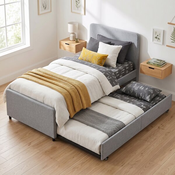 HOMCOM Letto Estraibile, Struttura Letto Singola/Doppia con Rete a Doghe in Metallo, Testata e Pediera Imbottite, Grigio Chiaro | Aosom Italy