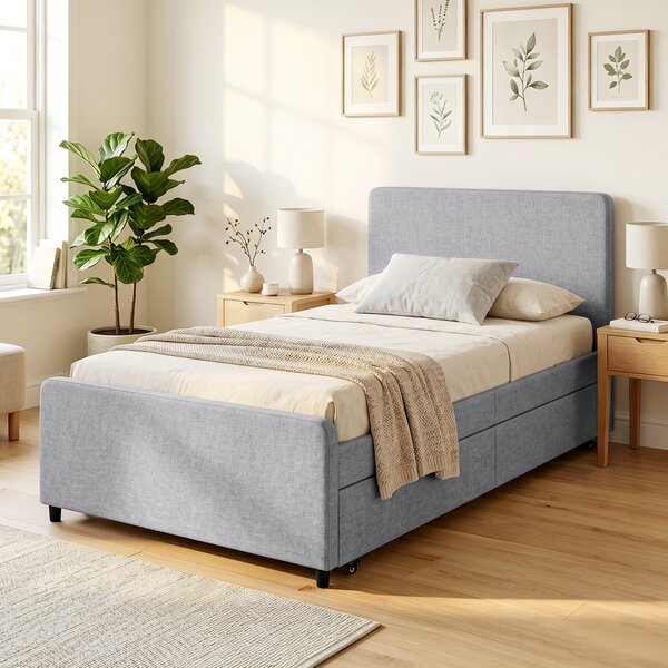 HOMCOM Letto Estraibile, Struttura Letto Singola/Doppia con Rete a Doghe in Metallo, Testata e Pediera Imbottite, Grigio Chiaro | Aosom Italy