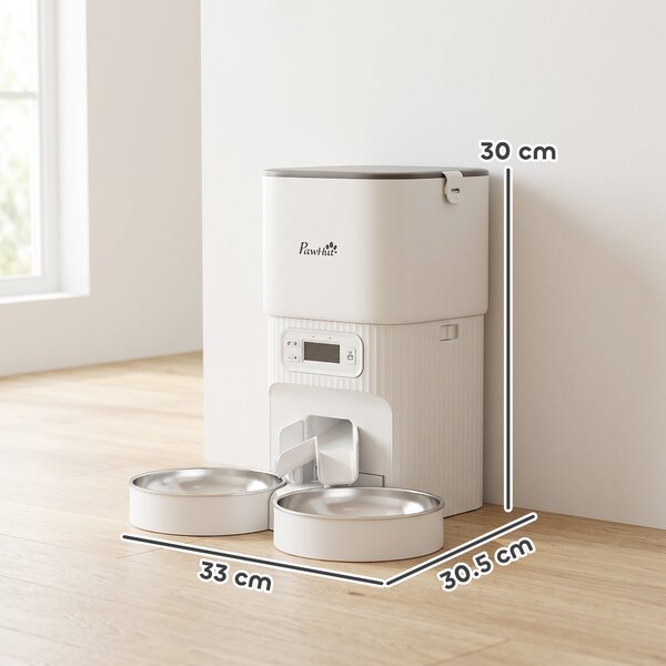 PawHut Mangiatoia Automatica 4L, Distributore Cibo per Gatti/Cani, 1-6 Pasti al Giorno, 2 Ciotole Doppia Alimentazione, 33x30,5x30 cm, Bianco | Aosom Italy