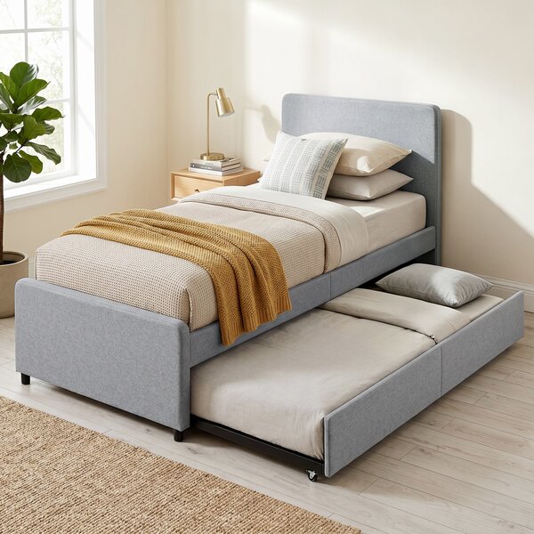 HOMCOM Letto Estraibile, Struttura Letto Singola/Doppia con Rete a Doghe in Metallo, Testata e Pediera Imbottite, Grigio Chiaro | Aosom Italy