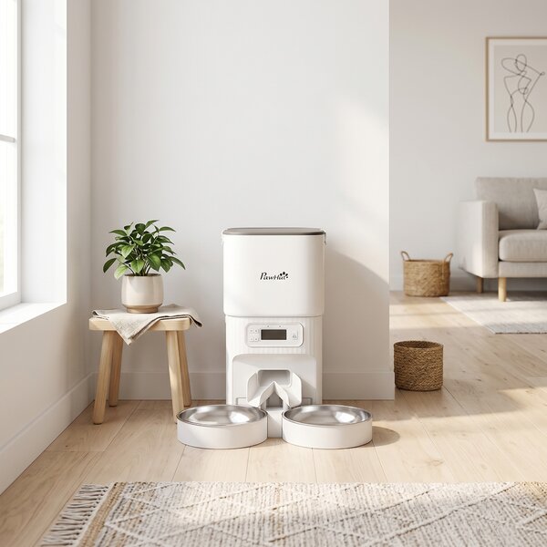 PawHut Mangiatoia Automatica 4L, Distributore Cibo per Gatti/Cani, 1-6 Pasti al Giorno, 2 Ciotole Doppia Alimentazione, 33x30,5x30 cm, Bianco | Aosom Italy