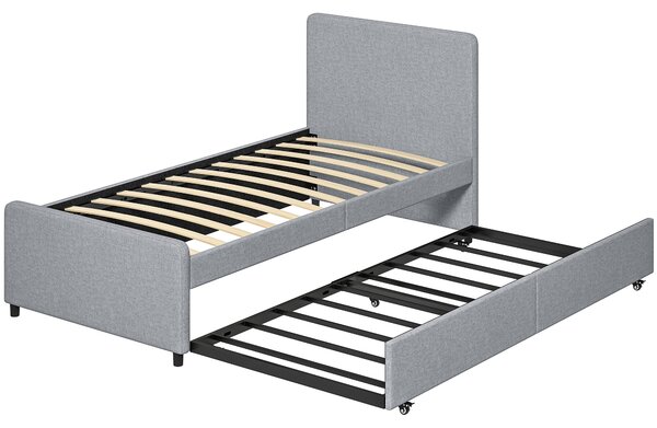 HOMCOM Letto Estraibile, Struttura Letto Singola/Doppia con Rete a Doghe in Metallo, Testata e Pediera Imbottite, Grigio Chiaro | Aosom Italy
