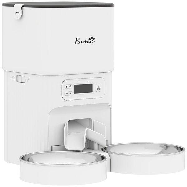 PawHut Mangiatoia Automatica 4L, Distributore Cibo per Gatti/Cani, 1-6 Pasti al Giorno, 2 Ciotole Doppia Alimentazione, 33x30,5x30 cm, Bianco | Aosom Italy
