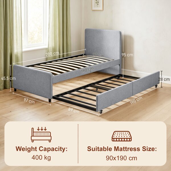 HOMCOM Letto Estraibile, Struttura Letto Singola/Doppia con Rete a Doghe in Metallo, Testata e Pediera Imbottite, Grigio Chiaro | Aosom Italy