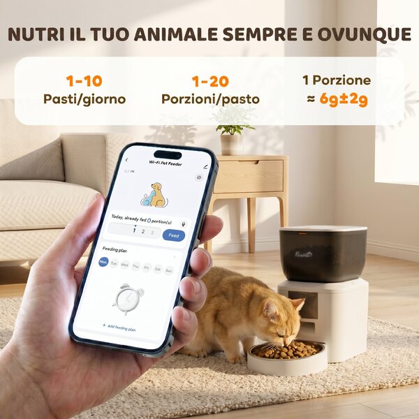 PawHut Distributore Automatico Cibo 4L per Gatti con WiFi 2,4G, App Controllo con Registratore 10s e Ciotola, Bianco | Aosom Italy