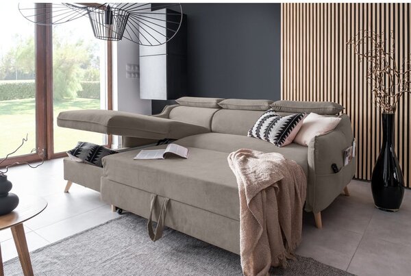 Divano letto angolare in velluto marrone chiaro (angolo sinistro) Sweet Harmony - Miuform