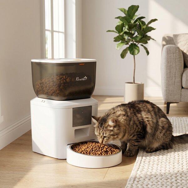 PawHut Distributore Automatico Cibo 4L per Gatti con WiFi 2,4G, App Controllo con Registratore 10s e Ciotola, Bianco | Aosom Italy