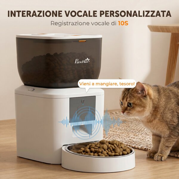 PawHut Distributore Automatico Cibo 4L per Gatti con WiFi 2,4G, App Controllo con Registratore 10s e Ciotola, Bianco | Aosom Italy