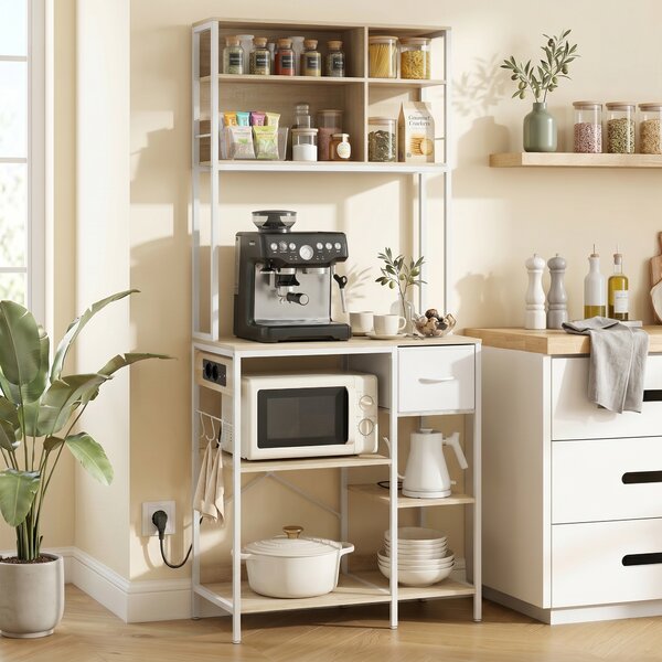 HOMCOM Scaffale da Cucina, Supporto per Microonde con Ripiani e 6 Ganci, per Spazi Ridotti, 80x40x181 cm, Rovere | Aosom Italy