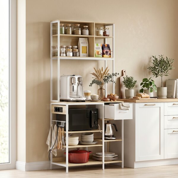 HOMCOM Scaffale da Cucina, Supporto per Microonde con Ripiani e 6 Ganci, per Spazi Ridotti, 80x40x181 cm, Rovere | Aosom Italy