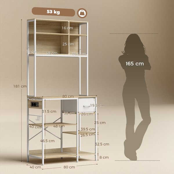 HOMCOM Scaffale da Cucina, Supporto per Microonde con Ripiani e 6 Ganci, per Spazi Ridotti, 80x40x181 cm, Rovere | Aosom Italy