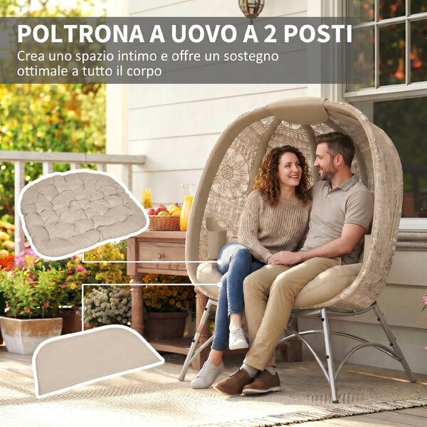 Outsunny Lettino da Giardino 2 Posti con Copertura Decorata e Cuscino Spesso, 126x75x142 cm, Marrone | Aosom Italy