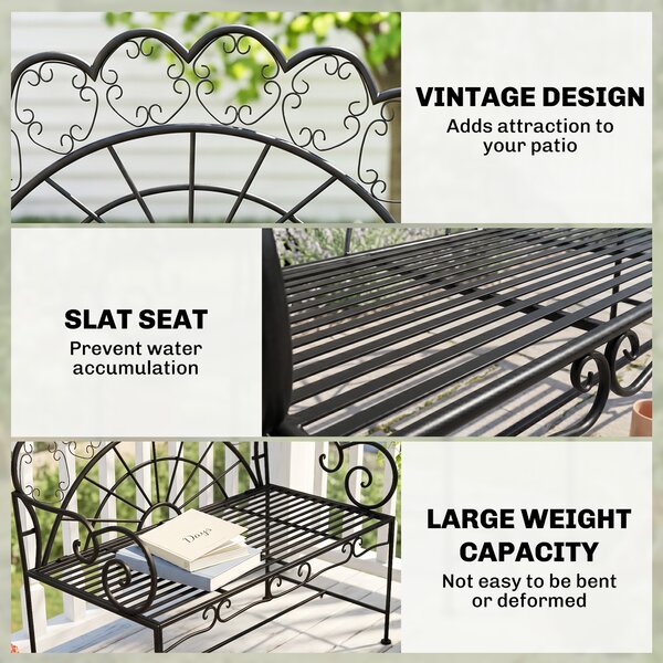 Outsunny Panchina da Giardino Biposto Stile Classico in Ferro 113 x 56.5 x 90.5cm, Nero