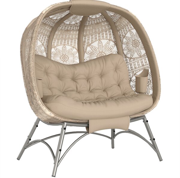 Outsunny Lettino da Giardino 2 Posti con Copertura Decorata e Cuscino Spesso, 126x75x142 cm, Marrone | Aosom Italy