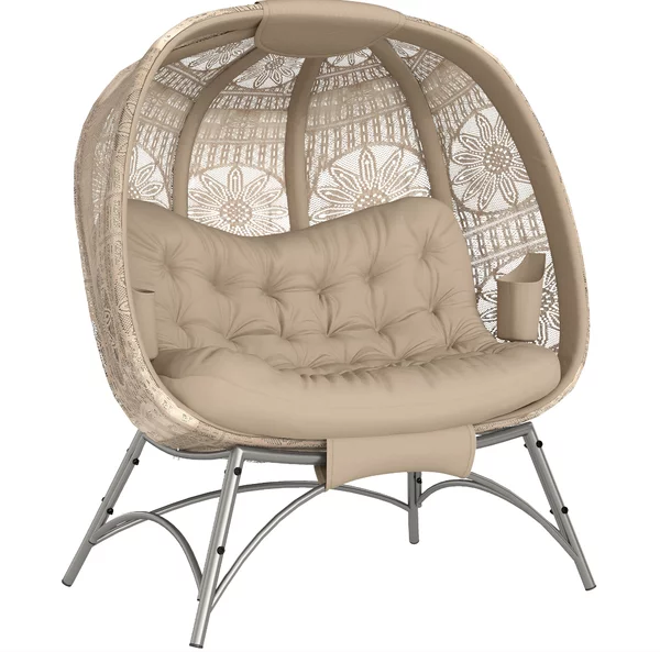 Outsunny Lettino da Giardino 2 Posti con Copertura Decorata e Cuscino Spesso, 126x75x142 cm, Marrone | Aosom Italy