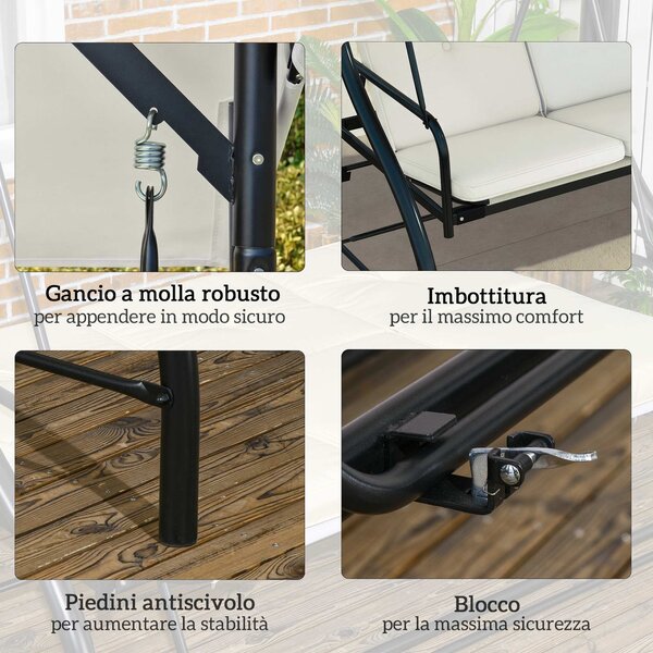 Outsunny Outusunny Dondolo Letto da Giardino 3 Posti con Tettuccio Regolabile, in Acciaio e Poliestere, 195x117x175 cm, Crema e Nero|Aosom