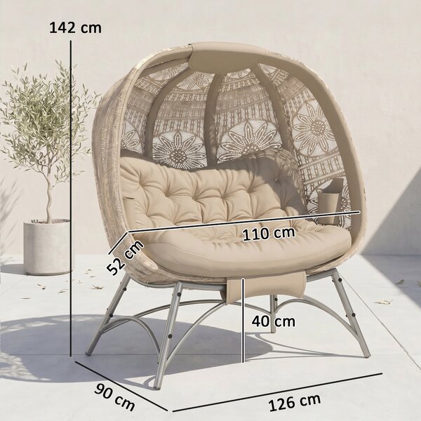 Outsunny Lettino da Giardino 2 Posti con Copertura Decorata e Cuscino Spesso, 126x75x142 cm, Marrone | Aosom Italy