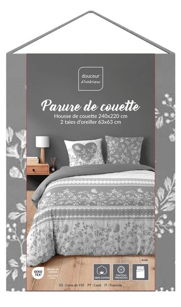 Set copripiumino e federa bianco/grigio in cotone per letto matrimoniale/per letto esteso 3 pezzi 240x220 cm Annie – douceur d'intérieur