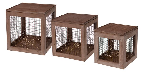 Set 3 Cubi Natalizi Decorativi con LED in Legno Marroni
