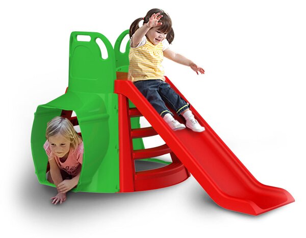 Scivolo per Bambini 180x180x98 cm con Tunnel in Plastica Rosso e Verde