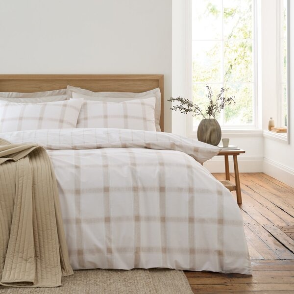 Set copripiumino e federa beige in cotone per letto matrimoniale 200x200 cm Oxton Check – Bianca