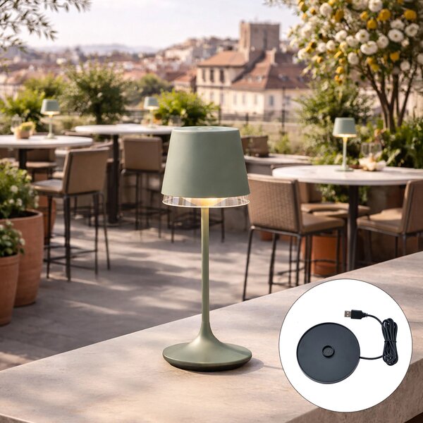 Lampada da tavolo verde con LED IP65 ricaricabile con stazione di ricarica - Bass