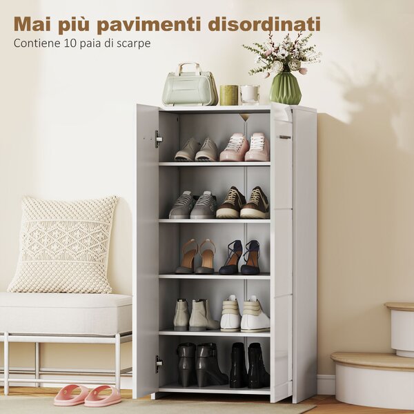 HOMCOM Scarpiera lucida, mobile porta-scarpe con ripiani regolabili per ingresso, corridoio, spazio per 10 paia, Bianco | Aosom Italy