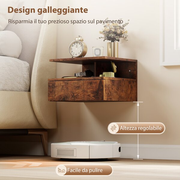 HOMCOM Set di 2 Comodini Sospesi con Cassetto e Mensola Aperta, 35x32x22.5 cm, Marrone Rustico | Aosom Italy