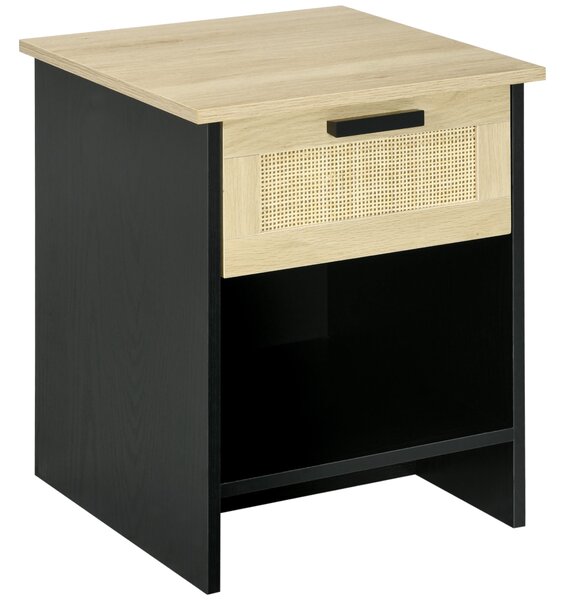 Comodino 1 Cassetto 1 Ripiano 40x40x50 cm in Legno e Rattan Nero e Naturale