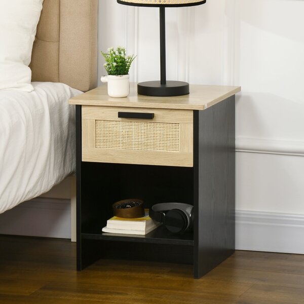 Comodino 1 Cassetto 1 Ripiano 40x40x50 cm in Legno e Rattan Nero e Naturale